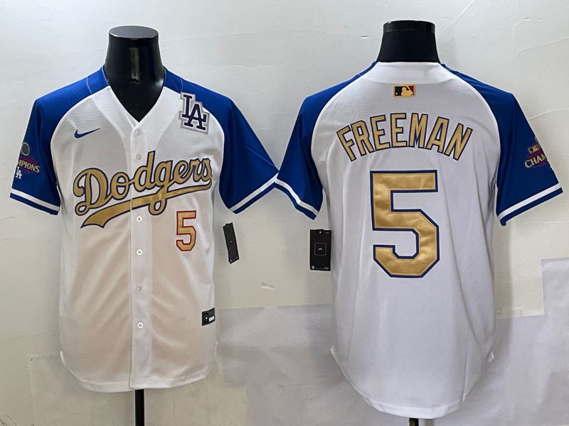Men Los Angeles Dodgers #5 Freeman White Blue Gold Game 2025 Nike MLB Jersey style 5
